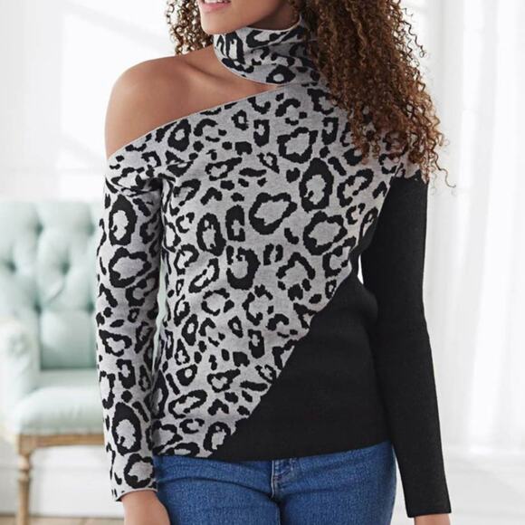 89th & Madison Light Heather Grey Combo Animal Print Off the Shoulder Sweater 2X - Picture 1 of 11